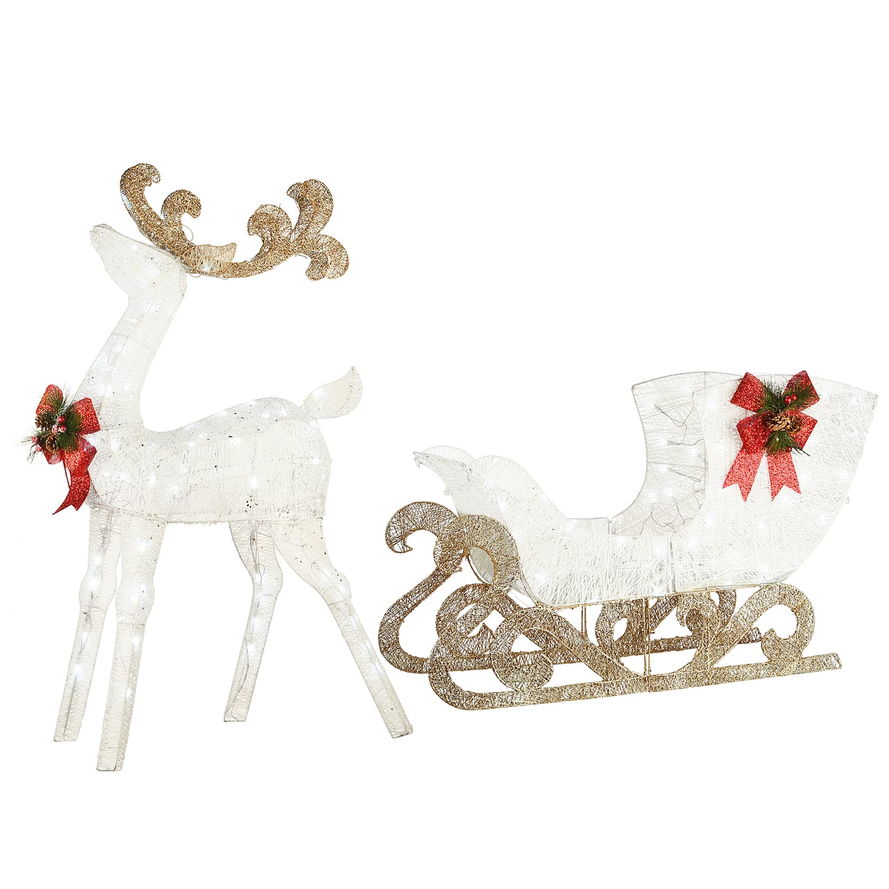 48&#x22; White Sisal Reindeer Pulling Sleigh with 140 Cool White LED Lights